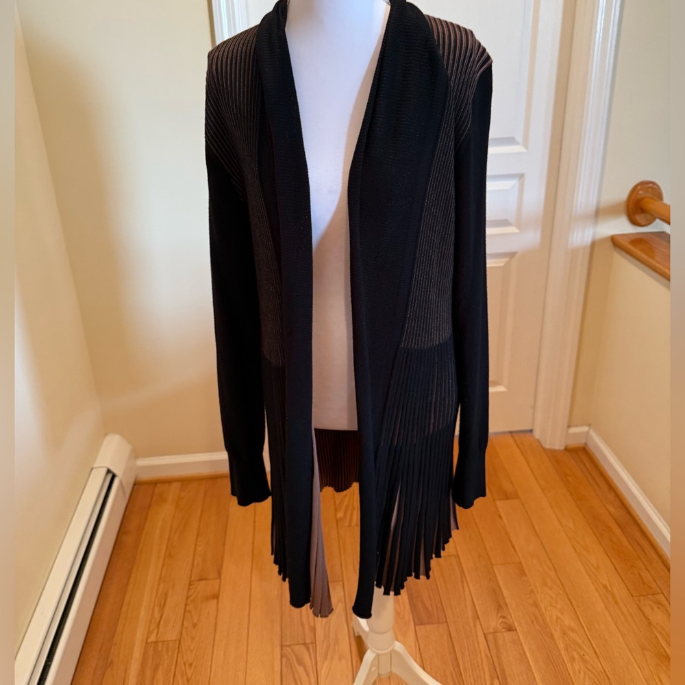 Lapis Black and Brown Women's Cardigan Sweater with a ribbed bottom, beautiful